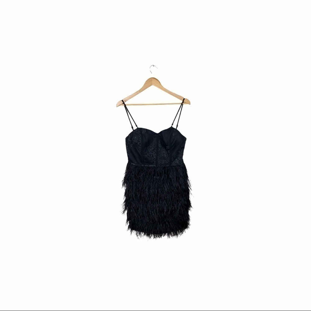 Windsor black ostrich spaghetti strap feather mini dress size large NWT - Picture 3 of 12
